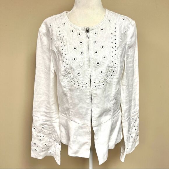INC white linen embellished jacket. Size M - Picture 1 of 8
